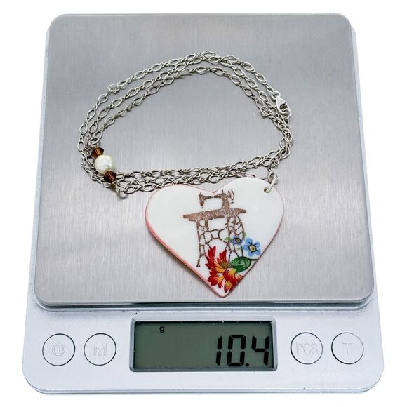 Vintage Sterling Silver Crystal Pearl Accent Ceramic Heart Pendant Necklace 21" - Picture 5 of 5